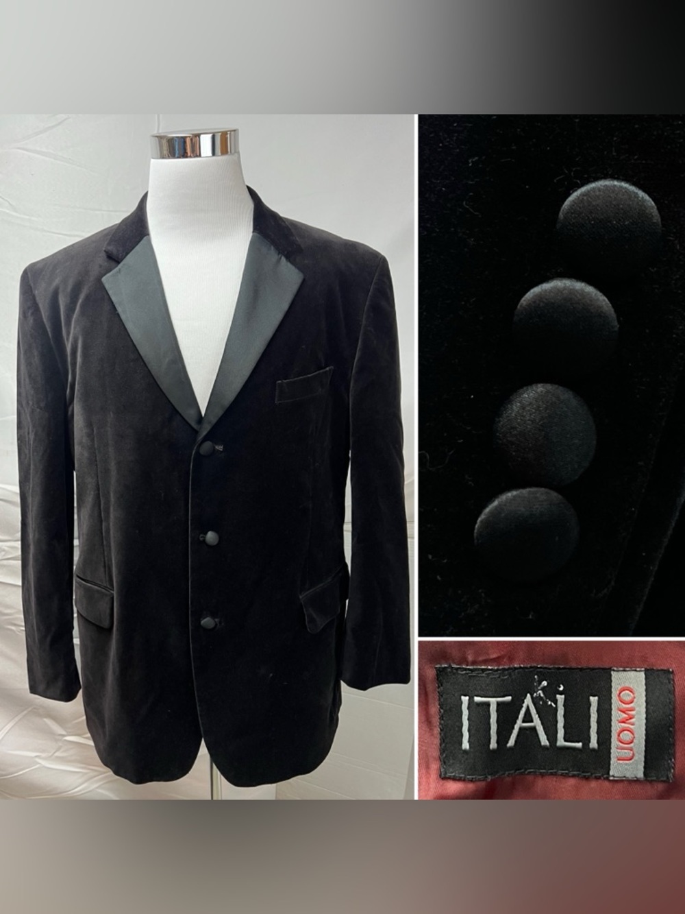 Men’s 46R Black Velvet Satin Lapel Itali Uomo Tuxedo Jacket Vintage